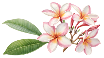Tropical frangipani (plumeria) flowers isolated on transparent background PNG, perfect for digital design, branding, wallpapers, posters, and print materials
