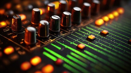 Close-up audio mixer with knobs, faders, and lights