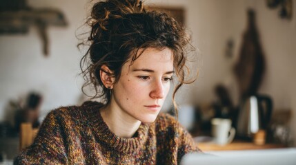Fototapeta premium Young Woman Focused On Work At Home With Laptop. Remote Work And Concentration In Cozy Environment
