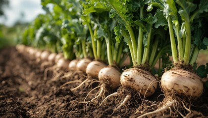a close-up view of freshly harvested turnips with their green tops still attached, lined up in rows on rich, dark soil in a field.