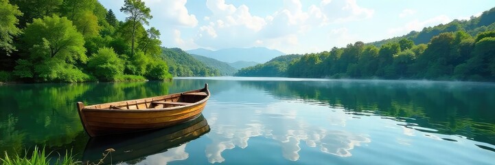 Obraz premium A serene wooden rowboat gently rests on a calm lake surrounded by lush green trees and tranquil water reflecting the sky Ideal for nature, travel, and relaxation themes , travel, scenery