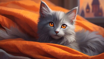 Adorable Gray Cat Under Orange Blanket