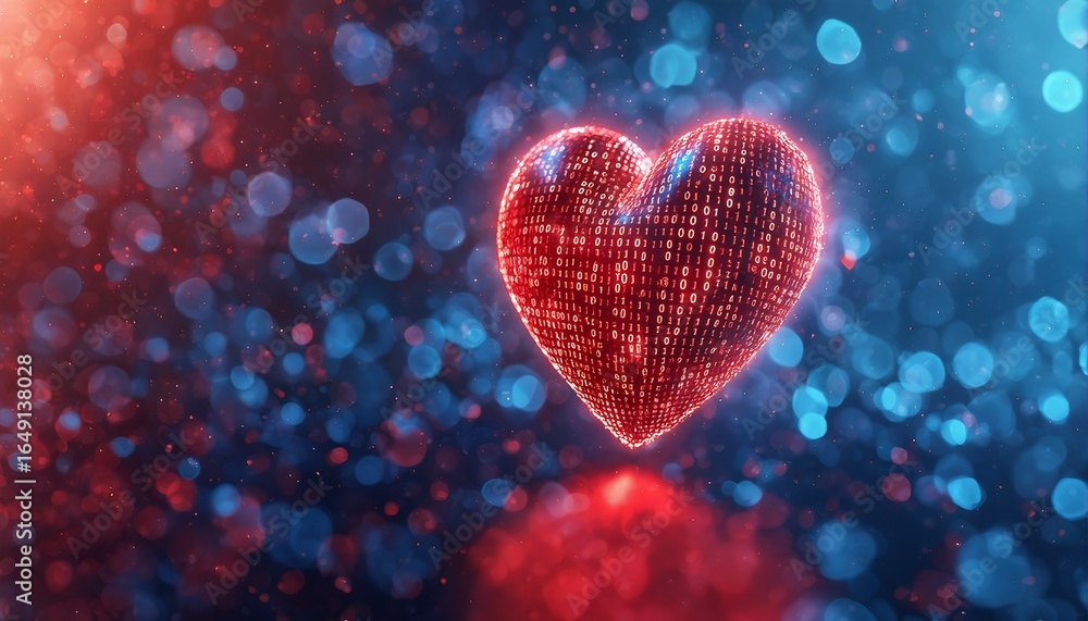 Aufkleber a glowing digital heart composed of binary code floats amidst a vibrant, bokeh-filled background of 