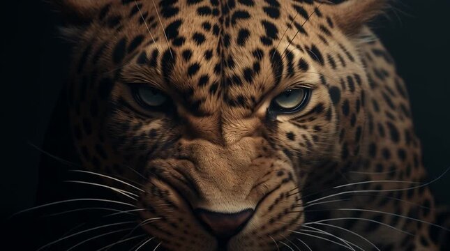 Slow motion close-up of a furious leopard baring sharp fangs with a fierce gaze against a dark background, conveying the aggression and power of a wild predator