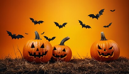 three jack-o'-lanterns sit amongst hay with silhouetted bats flying against a vibrant orange halloween background.