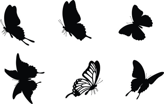 Set of butterfly silhouettes, flying insect vector collection, black isolated butterflies for nature, spring, tattoo, decorative design, and wildlife themed illustrations