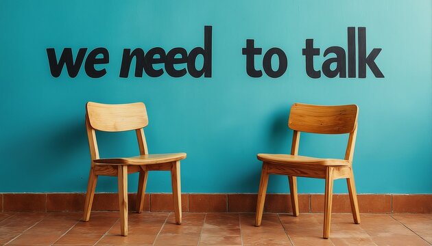 a stark image of two empty wooden chairs positioned in front of a bright teal wall bearing the phrase "we need to talk"� in bold black lettering.