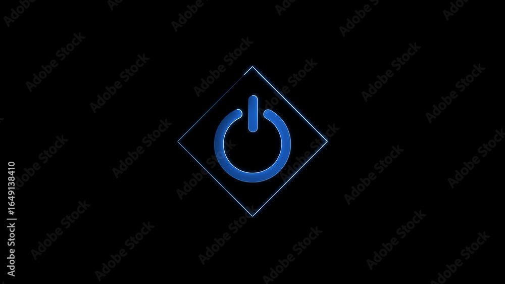 Poster glowing power button icon animation with squire shape. glowing neon blue color switch stop sign shut