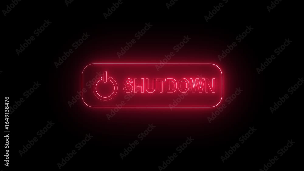 Poster glowing neon shutdown animation. press neon shutdown button. red neon line shutdown icon isolated on