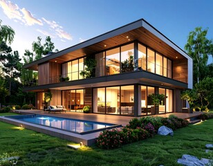 Fototapeta premium Modern luxury home by a pool at dusk