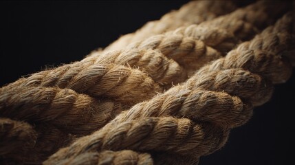 Detailed view of a sturdy, twisted natural fiber rope against dark background