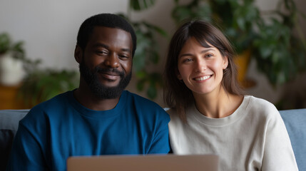 A happy multiethnic couple enjoying a laptop moment at home