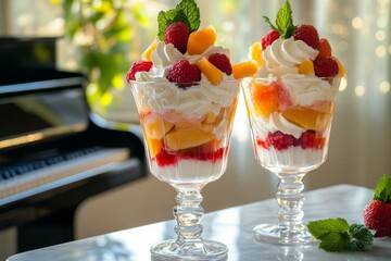 Colorful layered dessert in glass dishes.