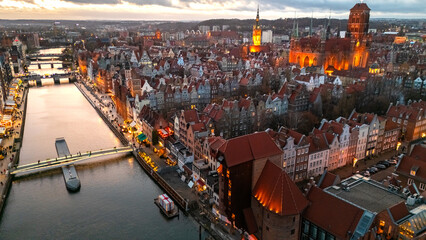 aerial view of gdansk city panorama at sunset in winter in poland © MKavalenkau