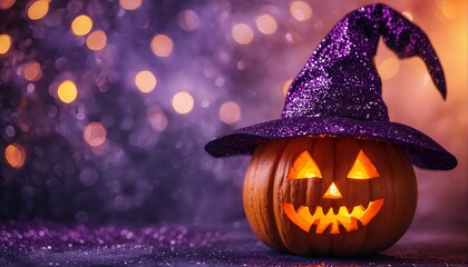 Naklejka premium a glowing jack-o'-lantern wearing a sparkling purple witch hat sits against a blurred bokeh background of orange and violet lights.
