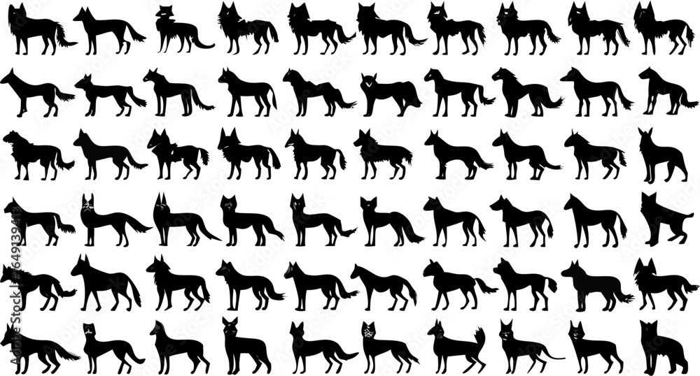 Poster silhouette of various wolf like creatures in different poses and positions arranged in a grid patter