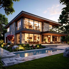 Fototapeta premium Modern luxury home exterior at twilight