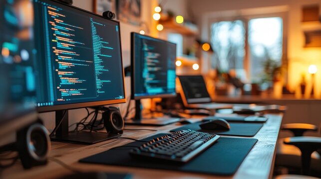 Close-up of multiple computer monitors displaying code