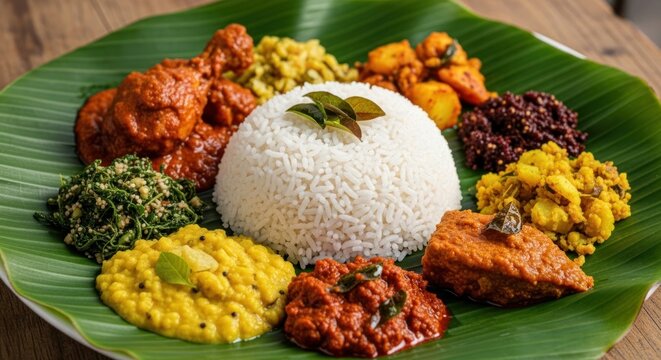 A Colorful Circle of Traditional Curries and Rice on a Banana Leaf Plate