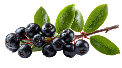 Aronia berries with green branches isolated on white