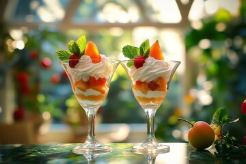 Two dessert glasses filled with layered fruit and whipped cream.