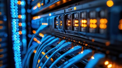 Close-up server rack with network cables and lights