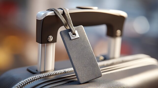 A close-up of a luggage tag attached to the handle of a modern suitcase, symbolizing travel and adventure.