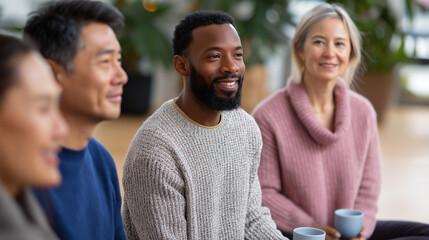 Diverse Group Enjoying Detox Tea After Yoga Meditation Session