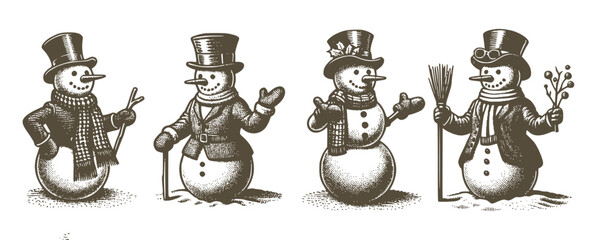 Winter Snowman Vintage Sketch Set Engraving Engraver Retro Vector Print For Christmas Greeting Card Poster Invitation 