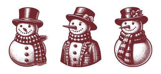 Winter Snowman Vintage Sketch Set Engraving Engraver Retro Vector Print For Christmas Greeting Card Poster Invitation 