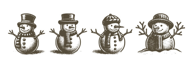 Winter Snowman Vintage Sketch Set Engraving Engraver Retro Vector Print For Christmas Greeting Card Poster Invitation 