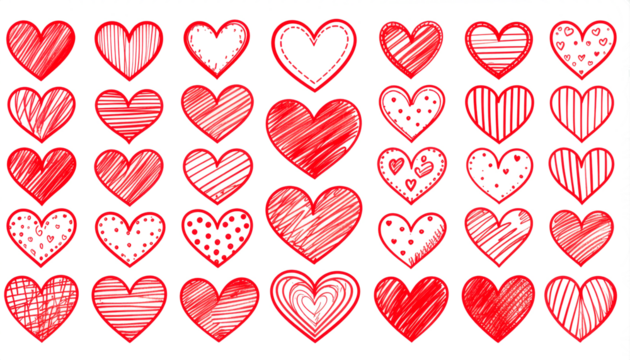  Un conjunto de corazones dibujados a mano en diferentes estilos y tamaños. PNG