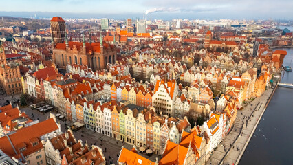 aerial view of gdansk historical center on a sunny day in winter
