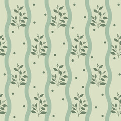 Minimal botanical seamless pattern in soft pastel green and pink. Gentle leaves design for decor, fabric, wallpaper, stationery, and elegant decorative surface projects.
