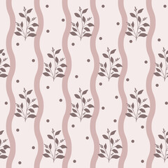 Minimal botanical seamless pattern in soft pastel green and pink. Gentle leaves design for decor, fabric, wallpaper, stationery, and elegant decorative surface projects.