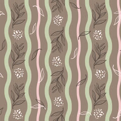 Seamless floral line art pattern with pastel tones. Elegant leaves and flowers in vertical waves, perfect for home decor, wallpaper, fabric, wrapping, and stylish decoration projects.