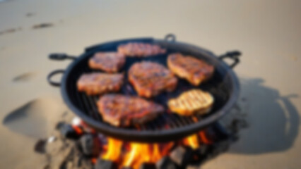 blurry image of barbecued meat being grilled over hot coals on the beach, blurry wallpaper.