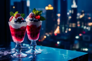 Two glasses of dessert with berries and whipped cream against a city skyline at night.