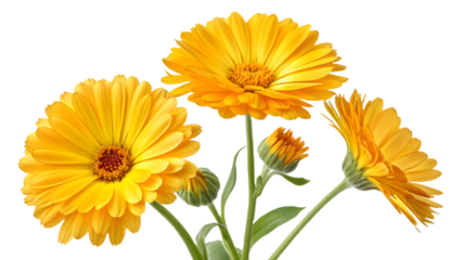 Yellow calendula flowers isolated on transparent background PNG, perfect for digital design, branding, wallpapers, posters, and print materials
