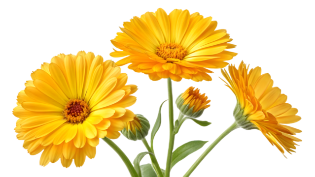 Yellow calendula flowers isolated on transparent background PNG, perfect for digital design, branding, wallpapers, posters, and print materials
