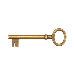 Brass key with round head and ring on white or transparent background