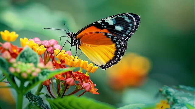 Colorful butterfly with orange and black wings, yellow insect pattern on vibrant flowers in lush green garden