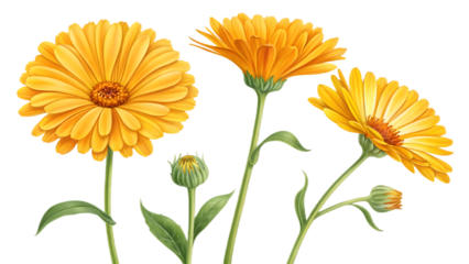 Yellow calendula flowers isolated on transparent background PNG, perfect for digital design, branding, wallpapers, posters, and print materials
