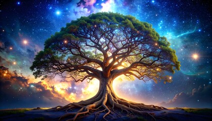 Obraz premium Enchanting Cosmic Tree A Majestic Symbol of Life, Growth, and the Universe Amidst Sparkling Firefly Glow