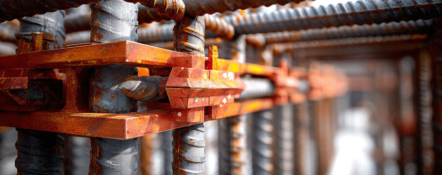 Rusty steel rebar structures for construction project in an urban area during daylight hours