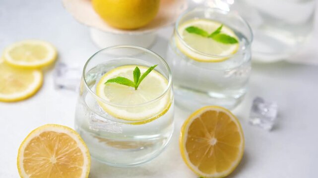 Two glasses of refreshing lemon water with fresh mint leaves and ice cubes are beautifully arranged on a light background, perfect for a summer drink.