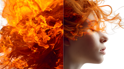 Red hair transforming into fire flames isolated on white