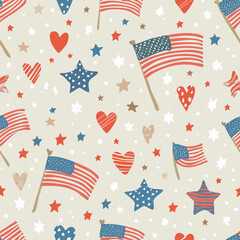 Obraz premium Seamless patriotic pattern featuring USA flags, hearts, and stars in red, white, and blue. Perfect for Independence Day, Patriot Day, and American-themed celebrations