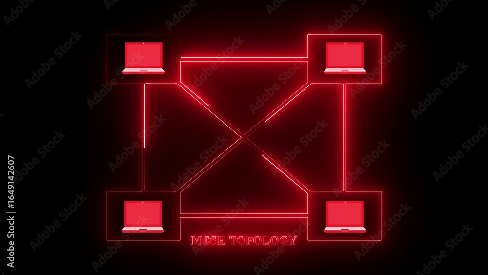 Poster red neon mesh network topology with laptops connected by bright red lines mesh topology computer