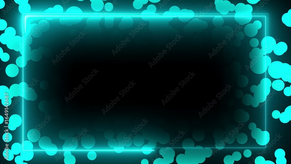 Aufkleber glowing turquoise neon rectangle frame with bokeh circles on a dark background abstract blue